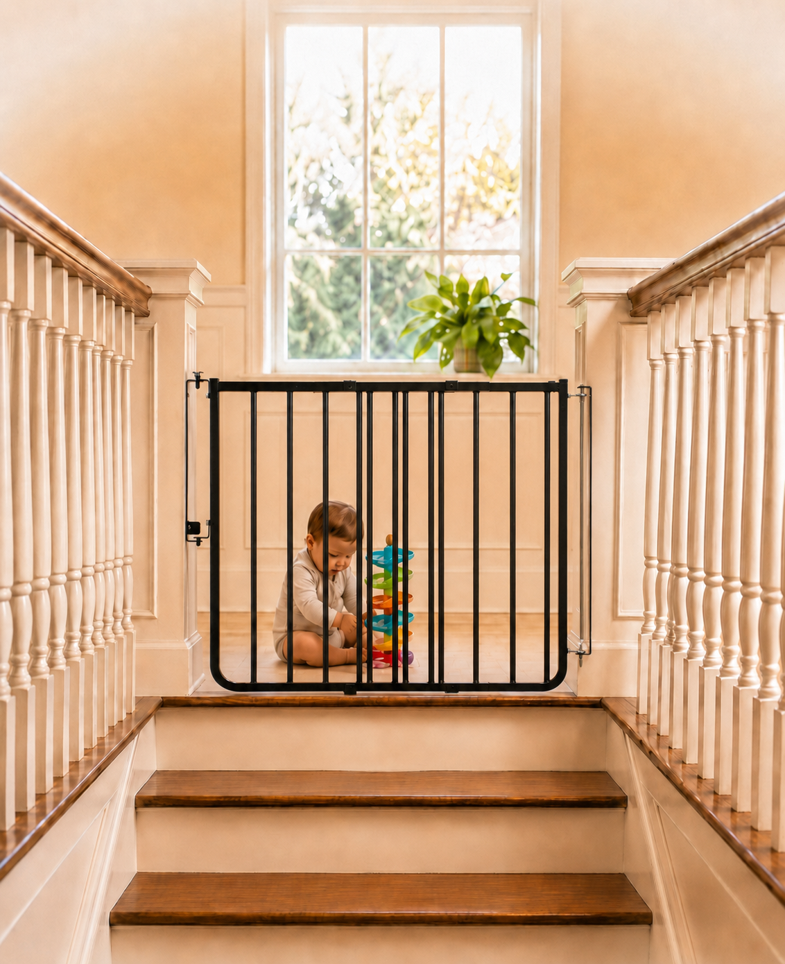 Professional baby gate installation at top of staircase South Florida home